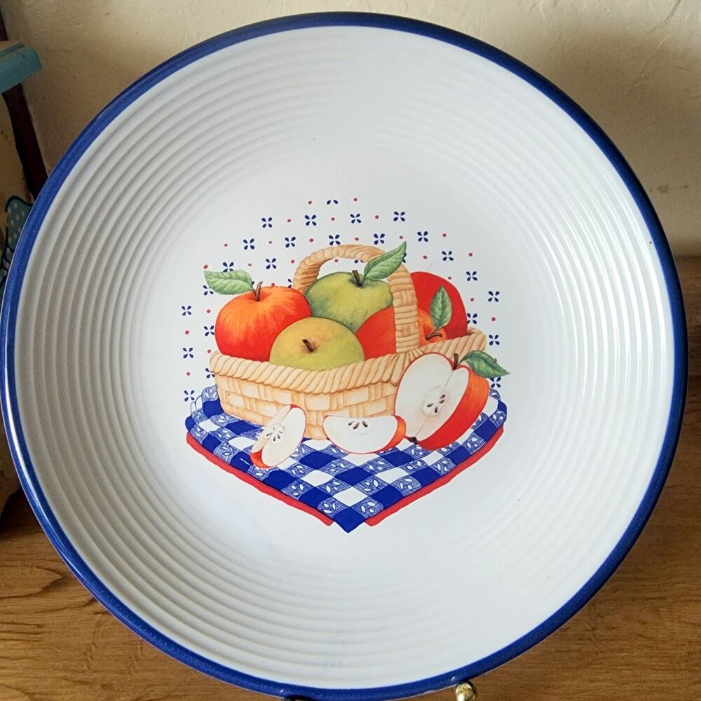Century Stoneware Apple Basket Dinner Plate 11 Inches Picnic White Blue Red